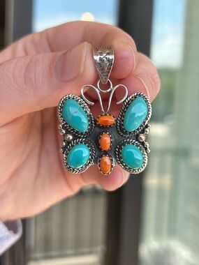 Orange Spiny and Kingman Turquoise Butterfly Pendant